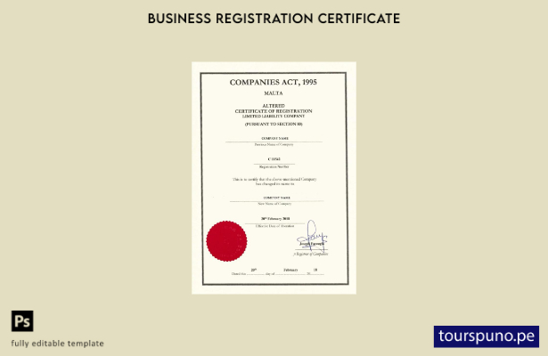 Plantilla de certificado de registro de Malta lista para imprimir